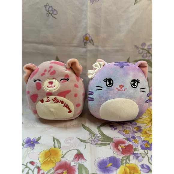 Kellytoy Other - Squishmallow-style Plush Lot Of 2-pink"I Love You Leopard&Pastel Cat